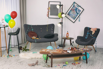 Messy living room interior. After party chaos