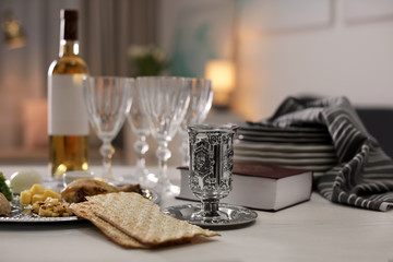 Table served for Passover (Pesach) Seder indoors
