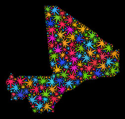 Bright vector marijuana Mali map collage on a black background. Concept with multi-colored weed leaves for marijuana legalize campaign. Vector Mali map is organized of weed leaves.