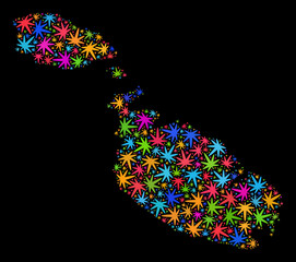 Bright vector marijuana Malta map mosaic on a black background. Concept with bright weed leaves for weed legalize campaign. Vector Malta map is formed from herbal leaves.