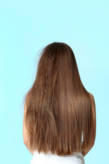 Woman before and after hair treatment on color background
