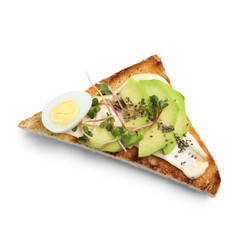 Tasty toast with avocado, quail egg and chia seeds on white background, top view