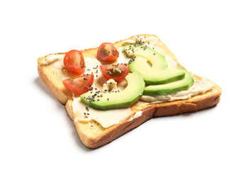 Tasty toast with avocado, cherry tomato and chia seeds on white background