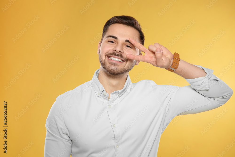 Poster Portrait of handsome young man on color background