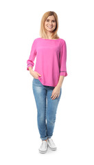 Full length portrait of beautiful woman posing on white background