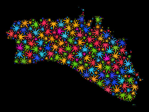 Bright vector cannabis Menorca Island map collage on a black background. Concept with bright weed leaves for cannabis legalize campaign. Vector Menorca Island map is created of cannabis leaves.