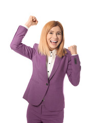 Portrait of emotional businesswoman on white background