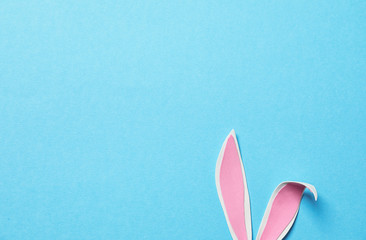 Funny Easter bunny ears on color background, top view with space for text