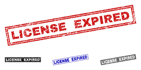 Grunge LICENSE EXPIRED rectangle stamp seals isolated on a white background. Rectangular seals with distress texture in red, blue, black and grey colors.