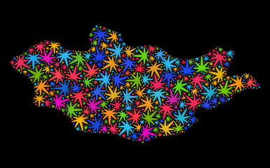 Bright vector marijuana Mongolia map mosaic on a black background. Concept with bright weed leaves for marijuana legalize campaign. Vector Mongolia map is designed with cannabis leaves.