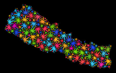 Bright vector cannabis Nepal map collage on a black background. Template with colored herbal leaves for cannabis legalize campaign. Vector Nepal map is designed with herbal leaves.