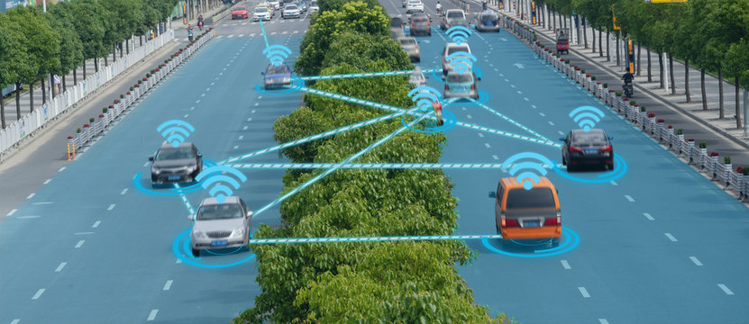 Iot Smart Automotive Driverless Car With Artificial Intelligence Combine With Deep Learning Technology. Self Driving Car Can Situational Awareness Around The Car, Letting It Navigate Itself 360 Degree