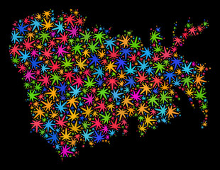 Bright vector cannabis Nuku Hiva Island map collage on a black background. Template with bright herbal leaves for weed legalize campaign. Vector Nuku Hiva Island map is composed with weed leaves.