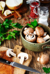 Ingredients for cooking: mushrooms and vegetables, spices and herbs.