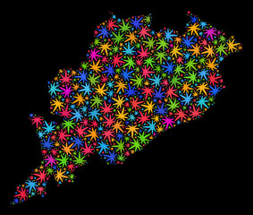Bright vector marijuana Odisha State map mosaic on a black background. Template with bright weed leaves for marijuana legalize campaign. Vector Odisha State map is composed of marijuana leaves.