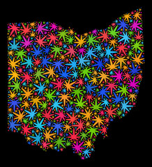 Bright vector cannabis Ohio State map mosaic on a black background. Concept with bright weed leaves for cannabis legalize campaign. Vector Ohio State map is created of weed leaves.