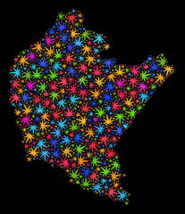 Bright vector cannabis Podkarpackie Voivodeship map mosaic on a black background. Template with bright weed leaves for hemp legalize campaign.