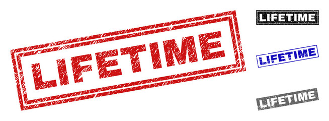 Grunge LIFETIME rectangle stamp seals isolated on a white background. Rectangular seals with grunge texture in red, blue, black and gray colors.