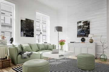 3D rendering von gemütlichem Wohnzimmer mit Couch in Altbau einer Stadtwohnung oder  Wohnung zum...