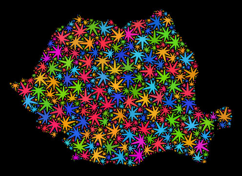 Bright vector cannabis Romania map collage on a black background. Template with colored weed leaves for weed legalize campaign. Vector Romania map is organized with marijuana leaves.