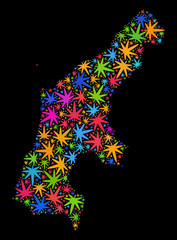 Bright vector cannabis Saipan Island map mosaic on a black background. Template with bright weed leaves for cannabis legalize campaign. Vector Saipan Island map is constructed of cannabis leaves.