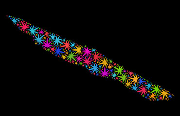 Bright vector marijuana Sao Jorge Island map collage on a black background. Template with bright weed leaves for weed legalize campaign. Vector Sao Jorge Island map is formed of weed leaves.