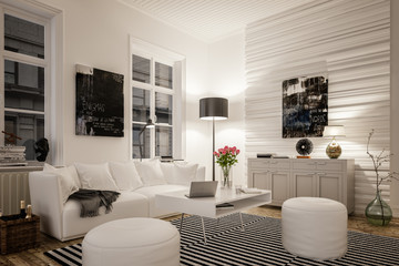 3D rendering von gemütlichem Wohnzimmer mit Sofa in Altbau einer Stadtwohnung oder  Wohnung zum...