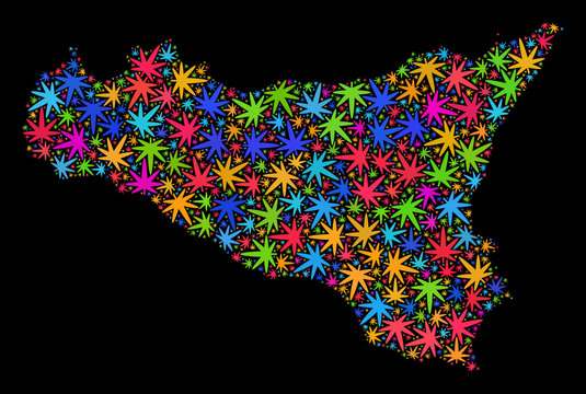 Bright vector cannabis Sicilia map collage on a black background. Concept with bright herbal leaves for hemp legalize campaign. Vector Sicilia map is designed from herbal leaves.