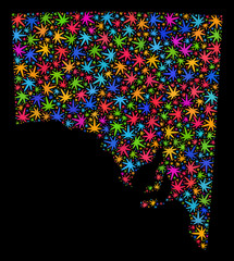 Bright vector marijuana South Australia map mosaic on a black background. Template with multi-colored herbal leaves for hemp legalize campaign.