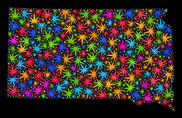 Bright vector marijuana South Dakota State map mosaic on a black background. Concept with colorful weed leaves for marijuana legalize campaign.