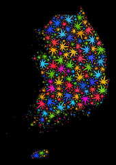 Bright vector cannabis South Korea map collage on a black background. Template with colored herbal leaves for weed legalize campaign. Vector South Korea map is designed with weed leaves.
