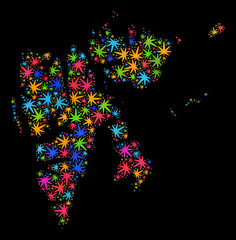 Bright vector cannabis Svalbard Islands map collage on a black background. Concept with bright weed leaves for marijuana legalize campaign. Vector Svalbard Islands map is organized with weed leaves.