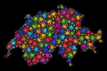 Bright vector marijuana Switzerland map mosaic on a black background. Concept with bright herbal leaves for cannabis legalize campaign. Vector Switzerland map is constructed of cannabis leaves.