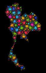 Bright vector cannabis Thailand map collage on a black background. Concept with bright herbal leaves for weed legalize campaign. Vector Thailand map is designed from weed leaves.