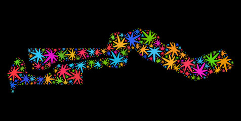 Bright vector cannabis the Gambia map mosaic on a black background. Template with bright herbal leaves for cannabis legalize campaign. Vector the Gambia map is created of weed leaves.
