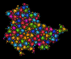 Bright vector marijuana Thuringia Land map mosaic on a black background. Template with colored weed leaves for marijuana legalize campaign. Vector Thuringia Land map is composed of marijuana leaves.