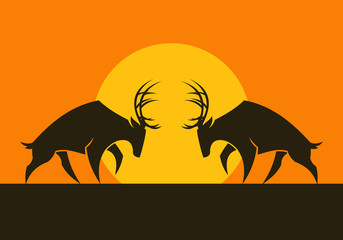 Horned deers vector silhouettes against the sun