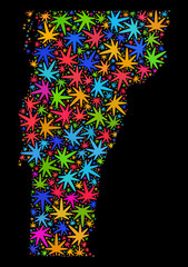 Bright vector marijuana Vermont State map collage on a black background. Template with bright weed leaves for weed legalize campaign. Vector Vermont State map is created of marijuana leaves.