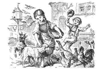 Cheerful children with animals - Vintage Engraved Illustration, 1894