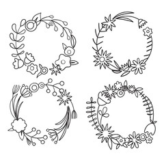 Set of black white vector flower wreaths. Bundles of petals, buds, branches, stem. Floral elements.