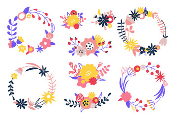 Set of bright vector flower wreaths. Bundles of petals, buds, branches, stem.