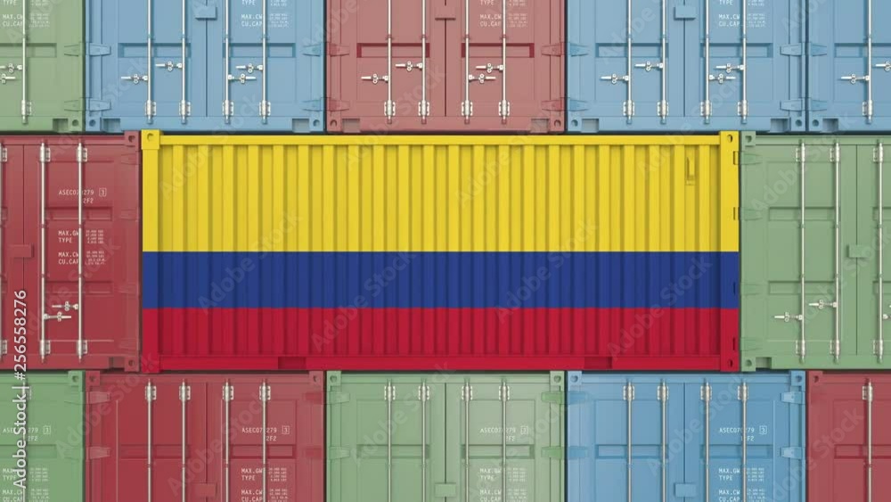 Poster cargo container with flag of colombia. colombian import or export related 3d animation