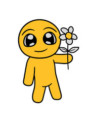 blume schenken muttertag valentinstag liebe geschenk geben kleiner s&uuml;&szlig;er niedlicher mann figur zeigen comic cartoon hand hinweisen design lieb nett