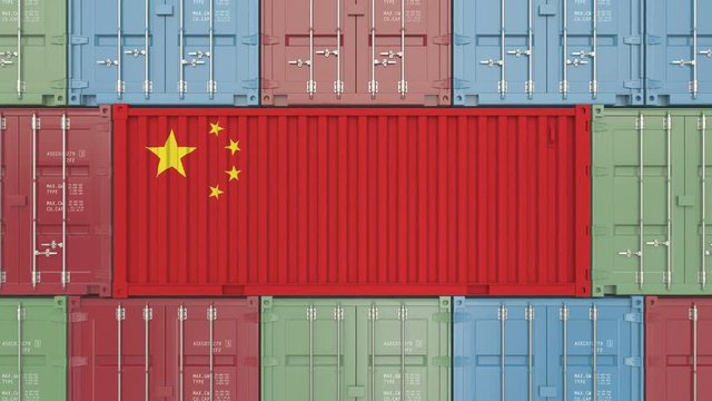 Cargo container with flag of China. Chinese import or export related 3D animation