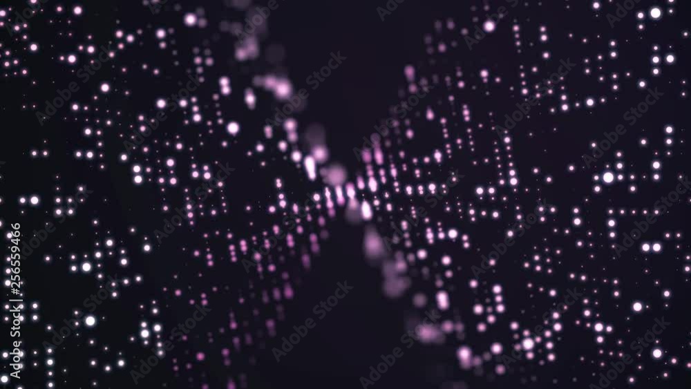 Poster moving particle animation background. flowing light dots on purple background. concept of space