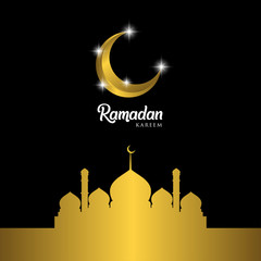 Ramadan kareem greeting card design with mosque dome and golden ornate crescent