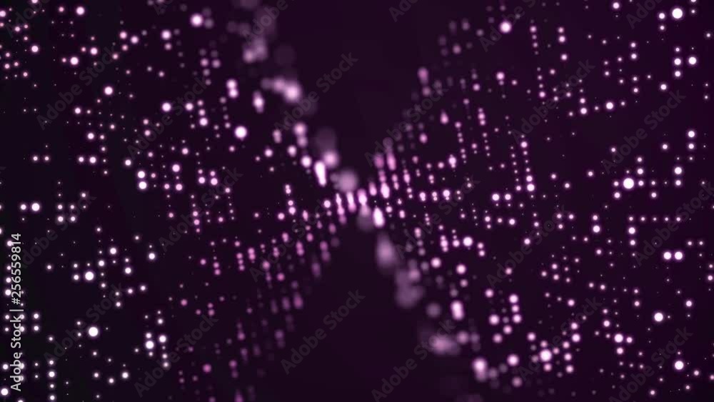 Poster moving particle animation background. flowing light dots on purple background. concept of space