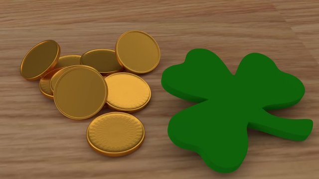 3d render of golden coins on the table wooden, close to a shamrock. Celebration of Saint Patrick's Day.