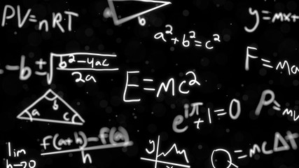 Fototapeta na wymiar Handwritten equations floating in front of black background