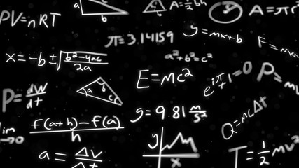 Handwritten equations floating in front of black background